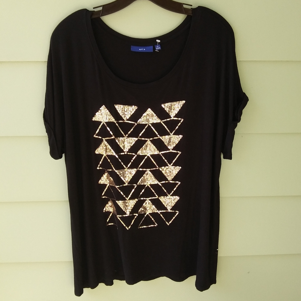 Women's Stretch Knit Black Top Gold Sequin Decoration on Front SZ XL Nwot
